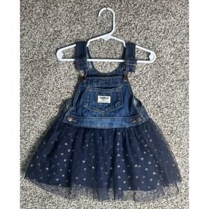 OshKosh B’gosh Denim Overall Tutu Dress 18M Jean Skirtall Glitter Heart Tulle